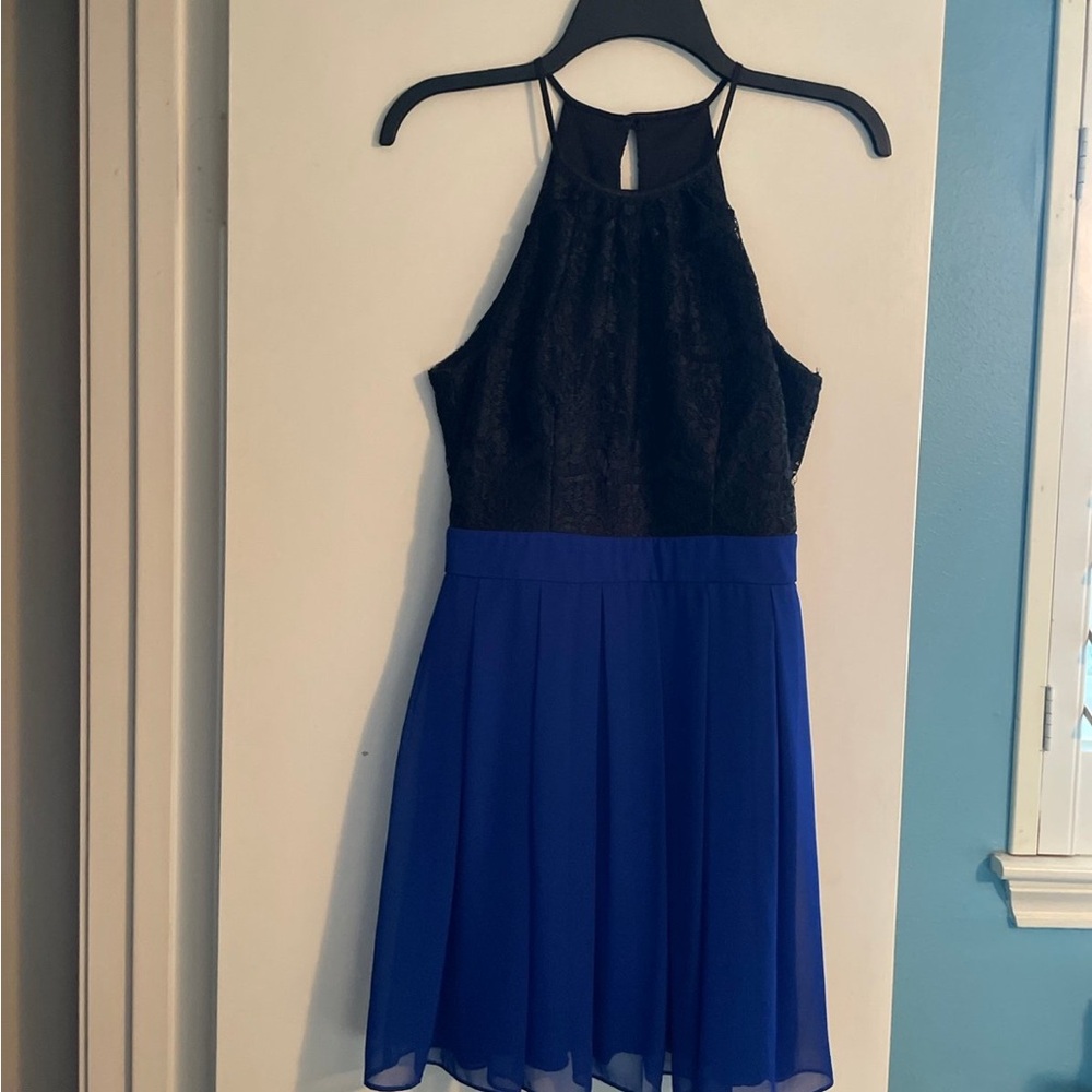 B Darlin Black and Blue Lace Halter Dress